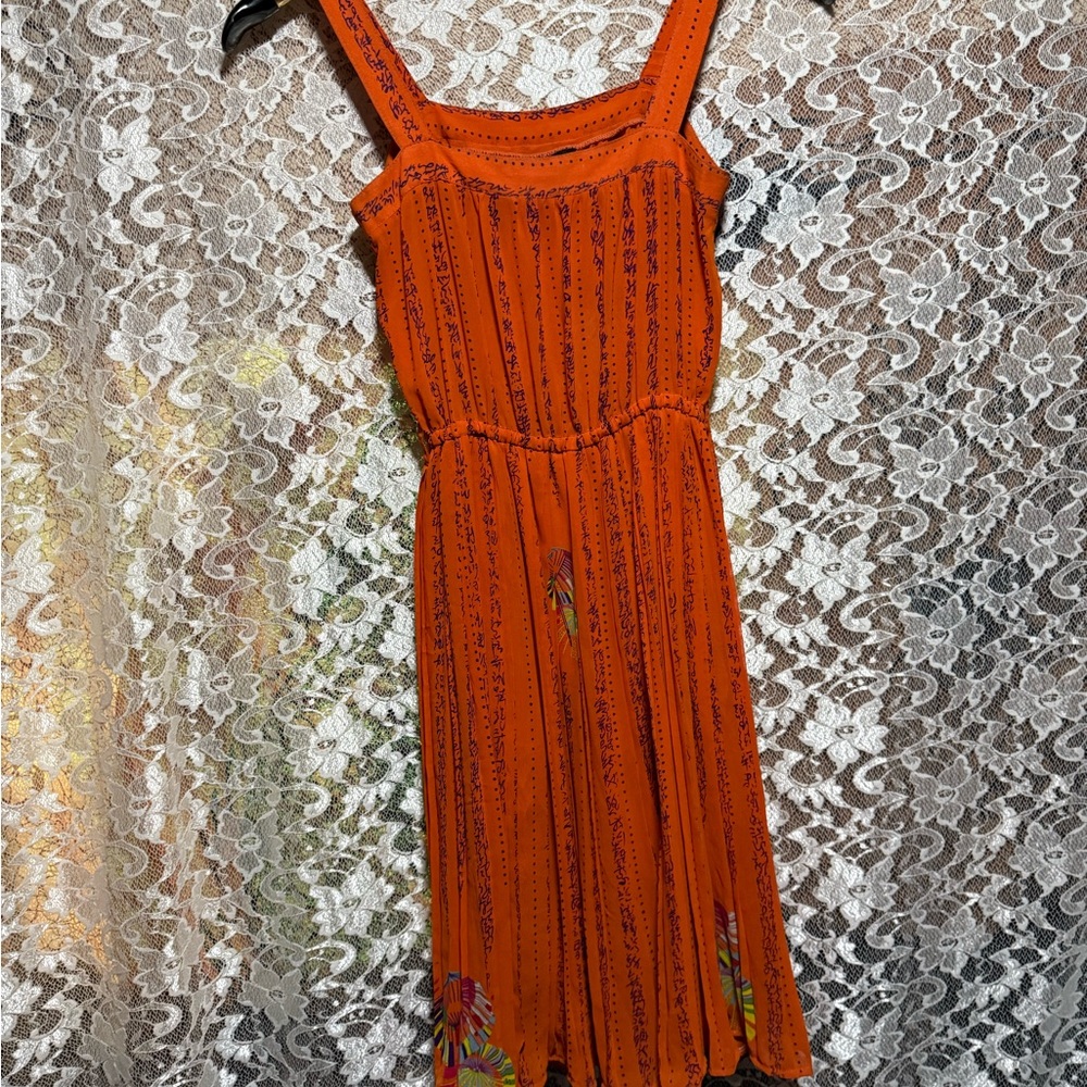 Bright Orange Printed Midi Sundress with Straps vintage Cala XS elastic waist